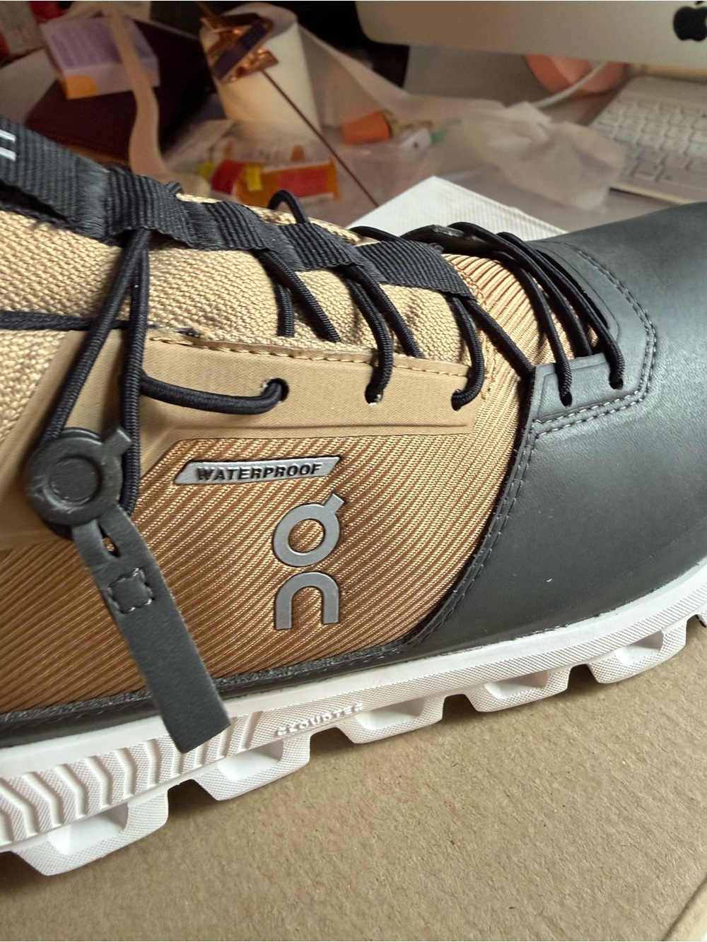 On Running Men's Athletic Shoe in Tan and Black - Picture 5 of 12